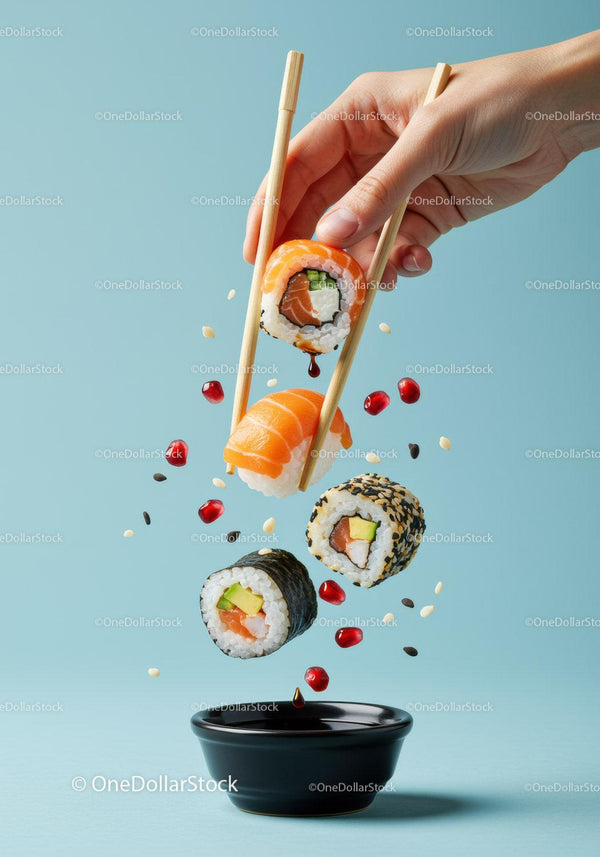 Hand Holding Sushi Rolls with Soy Sauce and Garnishes