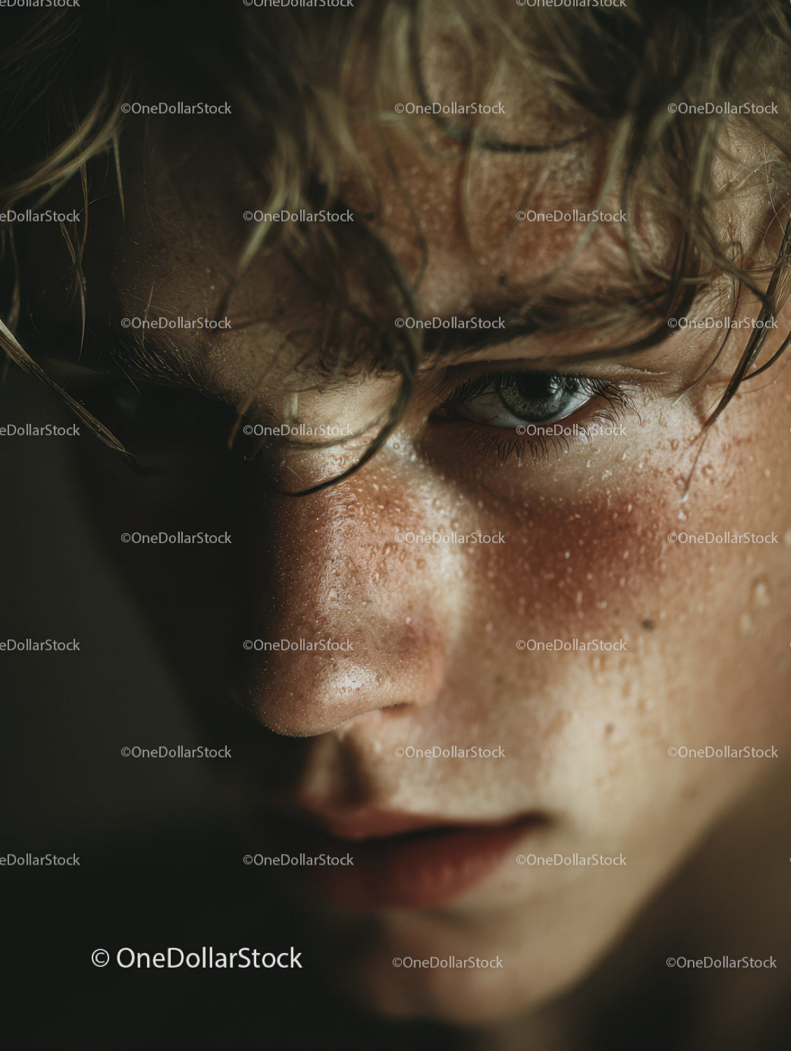 Close-Up of a Man's Sweaty Face with Intense Expression