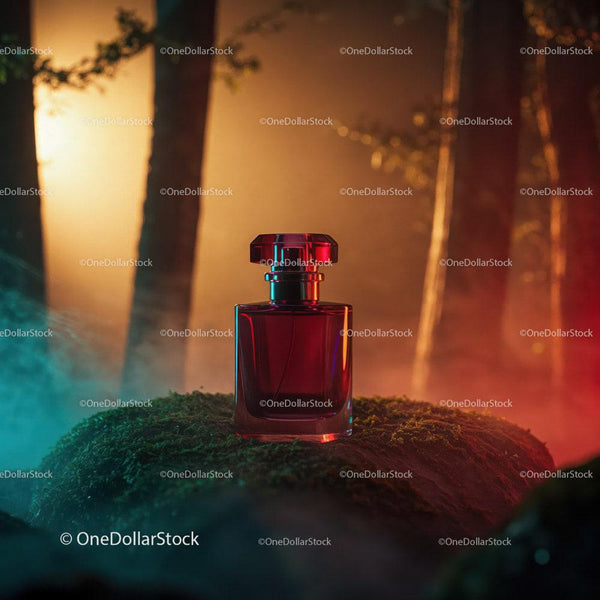 Red Perfume Bottle with Mystical Forest Background at Night JPG Mockup Image