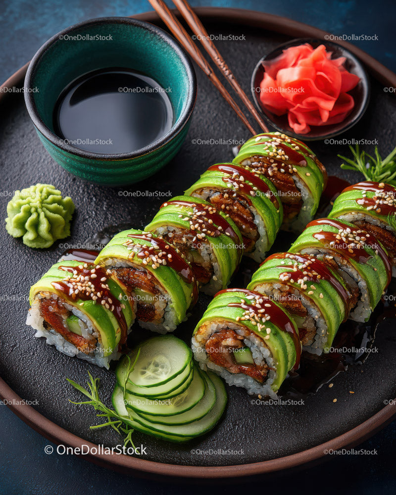 Świeże rolki sushi z awokado i sosem sojowym na czarnym talerzu