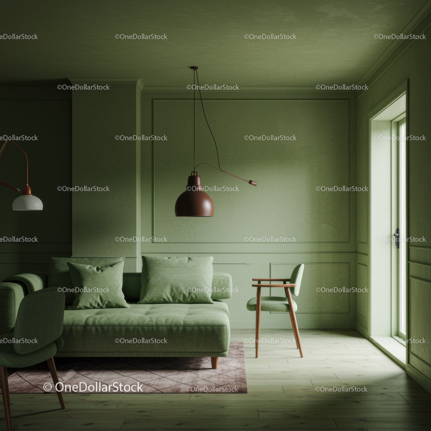 Stylowy zielony salon z nowoczesną sofą i drewnianym krzesłem