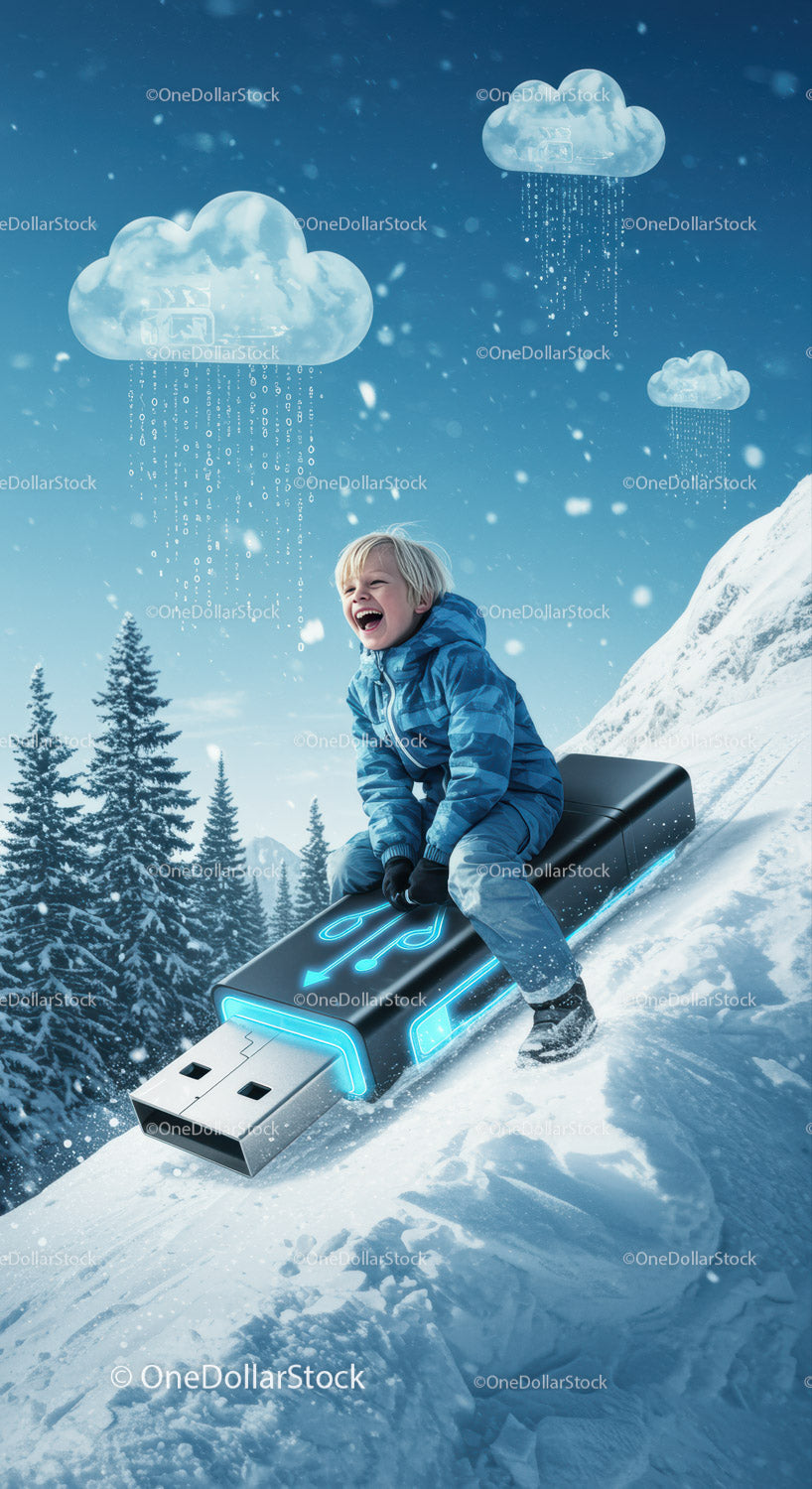 Child Sliding Down Snowy Hill on Giant USB Drive