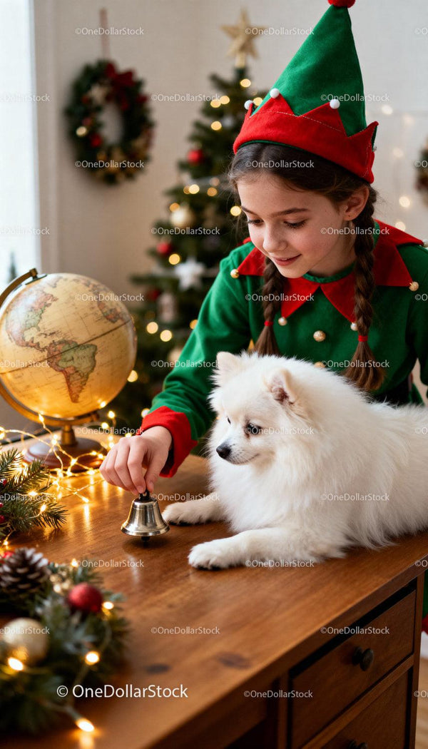 Young girl in elf costume playing with fluffy white dog