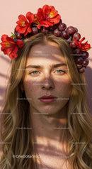 Beautiful Woman Wearing Floral Crown with Red Alstroemeria and Grape Flowers