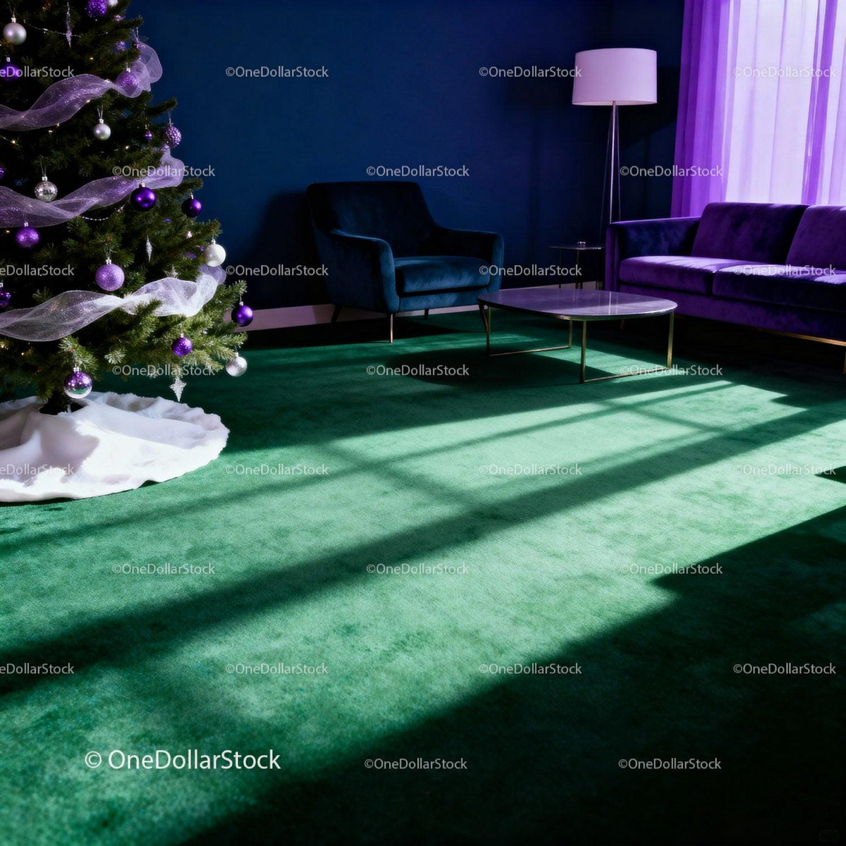 Cozy living room with Christmas tree and stylish furniture