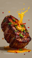 Juicy Roasted Steak with Herbs and Spicy Sauce Splash