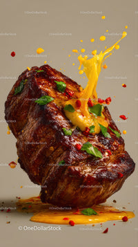 Juicy Roasted Steak with Herbs and Spicy Sauce Splash