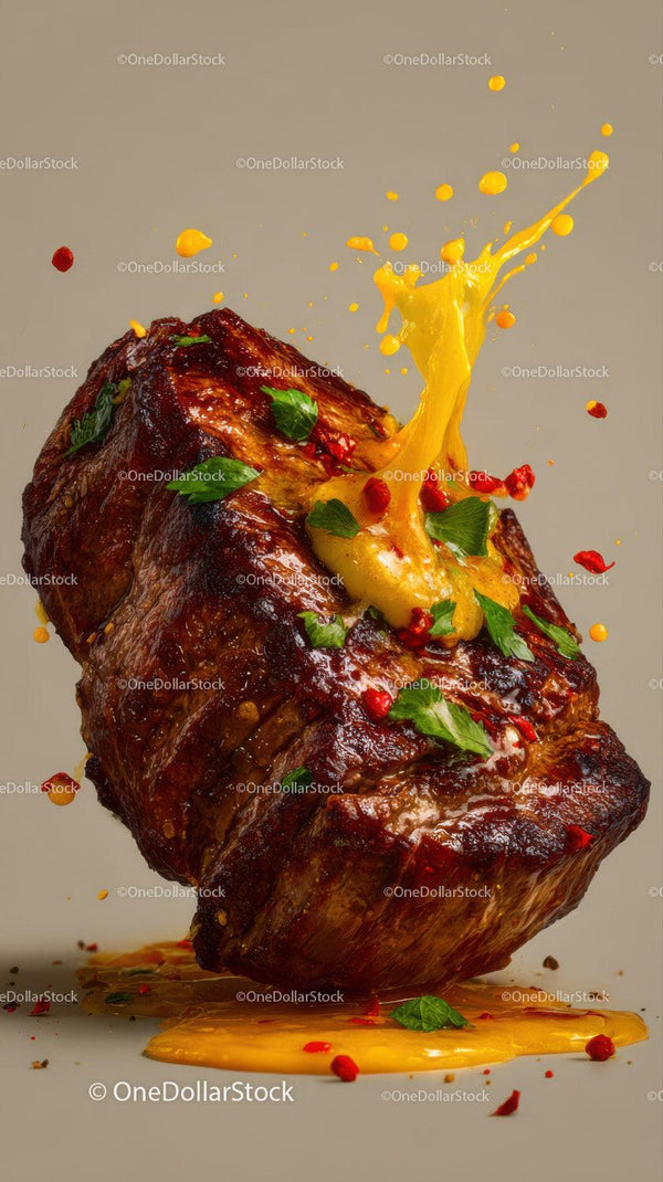 Juicy Roasted Steak with Herbs and Spicy Sauce Splash