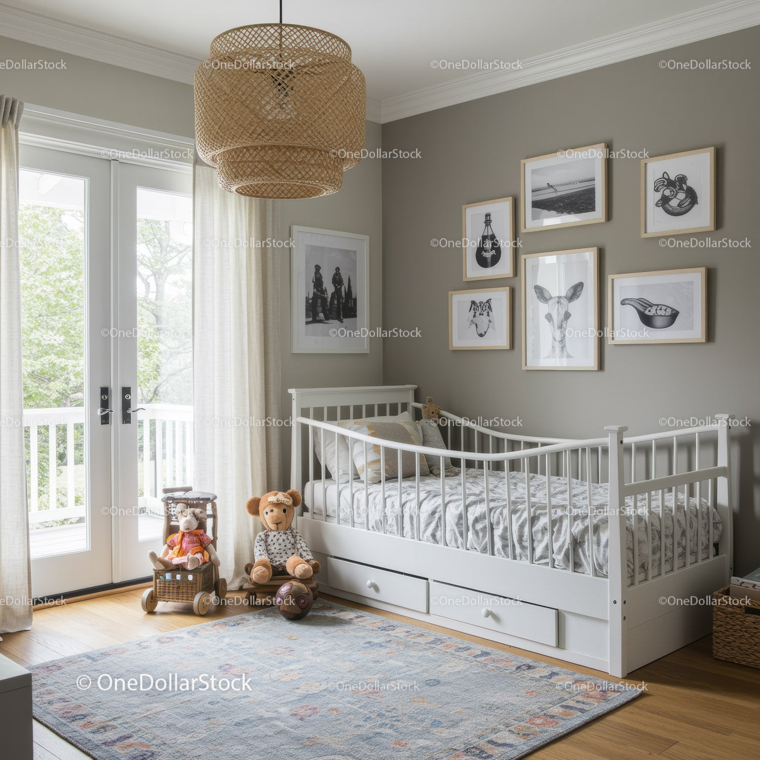 Children's White Bed with Toys and Cozy Decor in Bright Sunlit Room