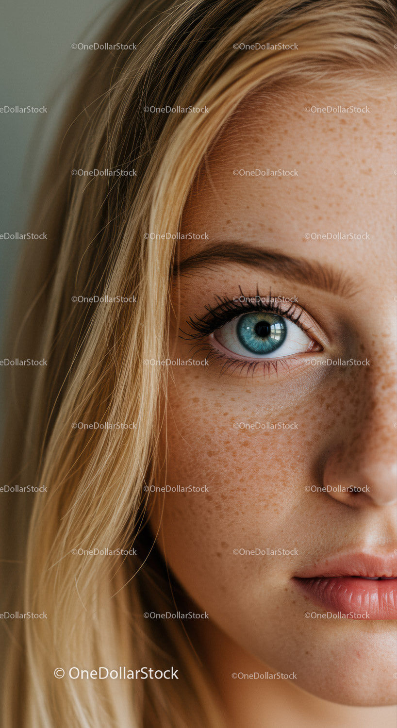 Close up of blue eye and freckled face with blonde hair