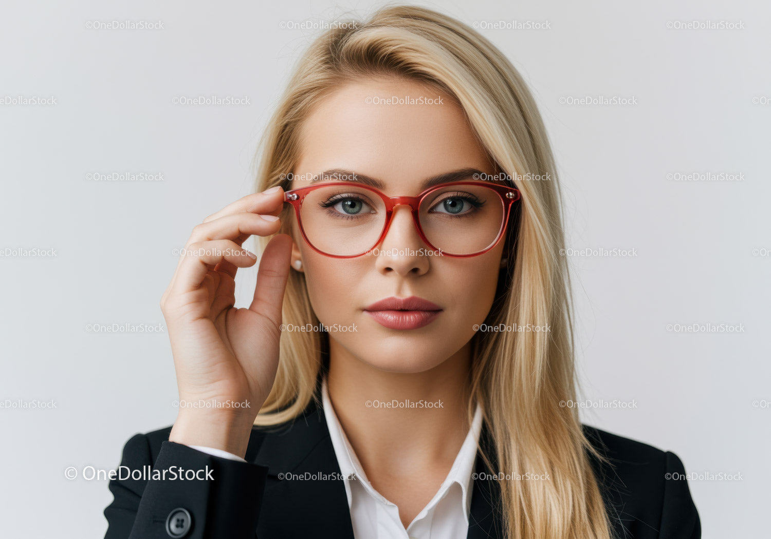 Stylowa blondynka w czerwonych okularach w profesjonalnym otoczeniu