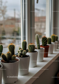 Variety of Cacti in White Pots on Windowsill for Indoor Decoration