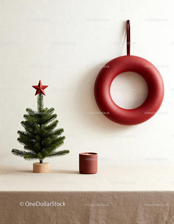 Minimalist Christmas decor with tree candle and wreath