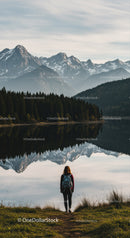 Serene Mountain Lake with Reflection and Hiker on Nature Trail