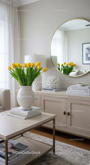 Bright Modern Living Room Decor with Yellow Tulips and Stylish Mirror