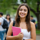 Young Woman Smiling Outside with Pink Notebook at College Campus