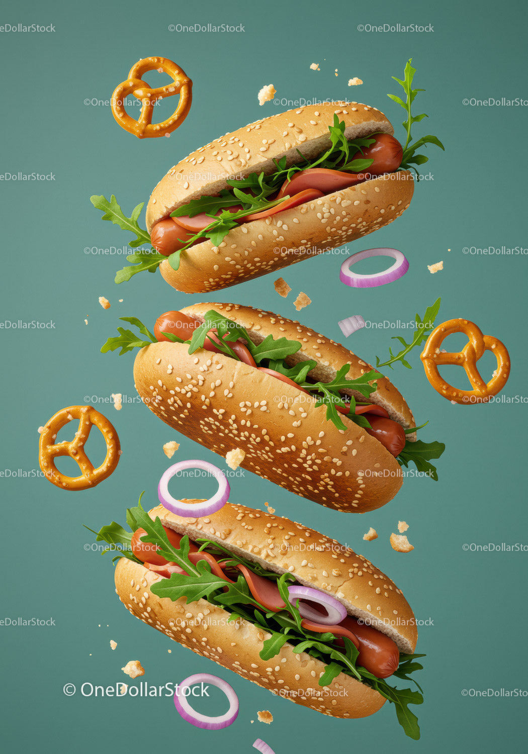 Fresh hot dogs with arugula and onions on blue background