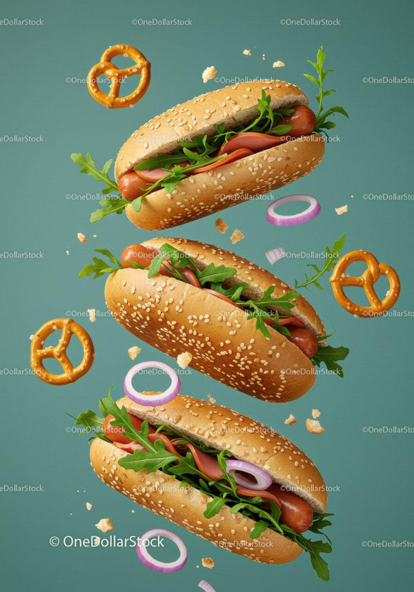 Fresh hot dogs with arugula and onions on blue background