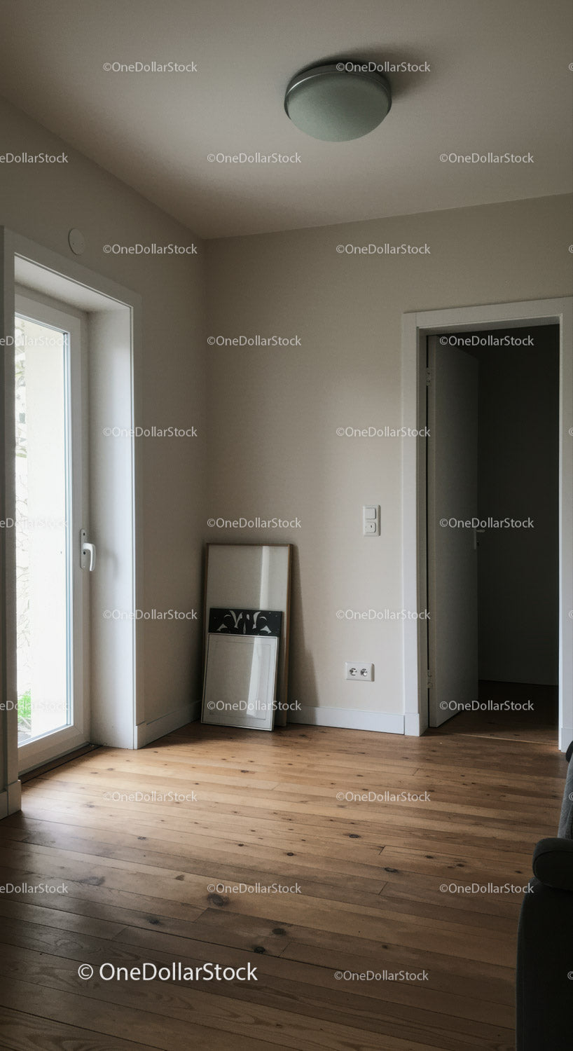 Jasny, minimalistyczny salon z drewnianą podłogą i naturalnym światłem