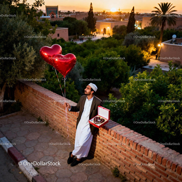 Man Holding Heart Balloons and Chocolates at Sunset