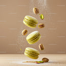 Floating Pistachio Macarons with Powdered Sugar Sprinkles