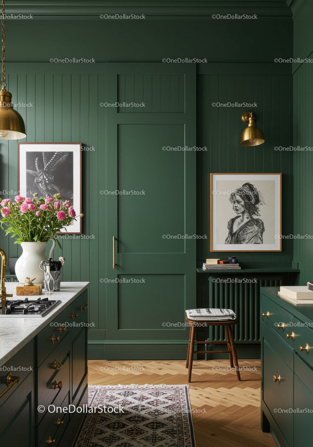 Elegant Green Kitchen with Marble Countertop and Gold Accents