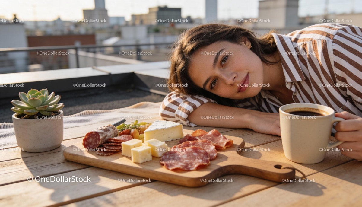 Relaxed woman enjoying charcuterie and coffee outdoors