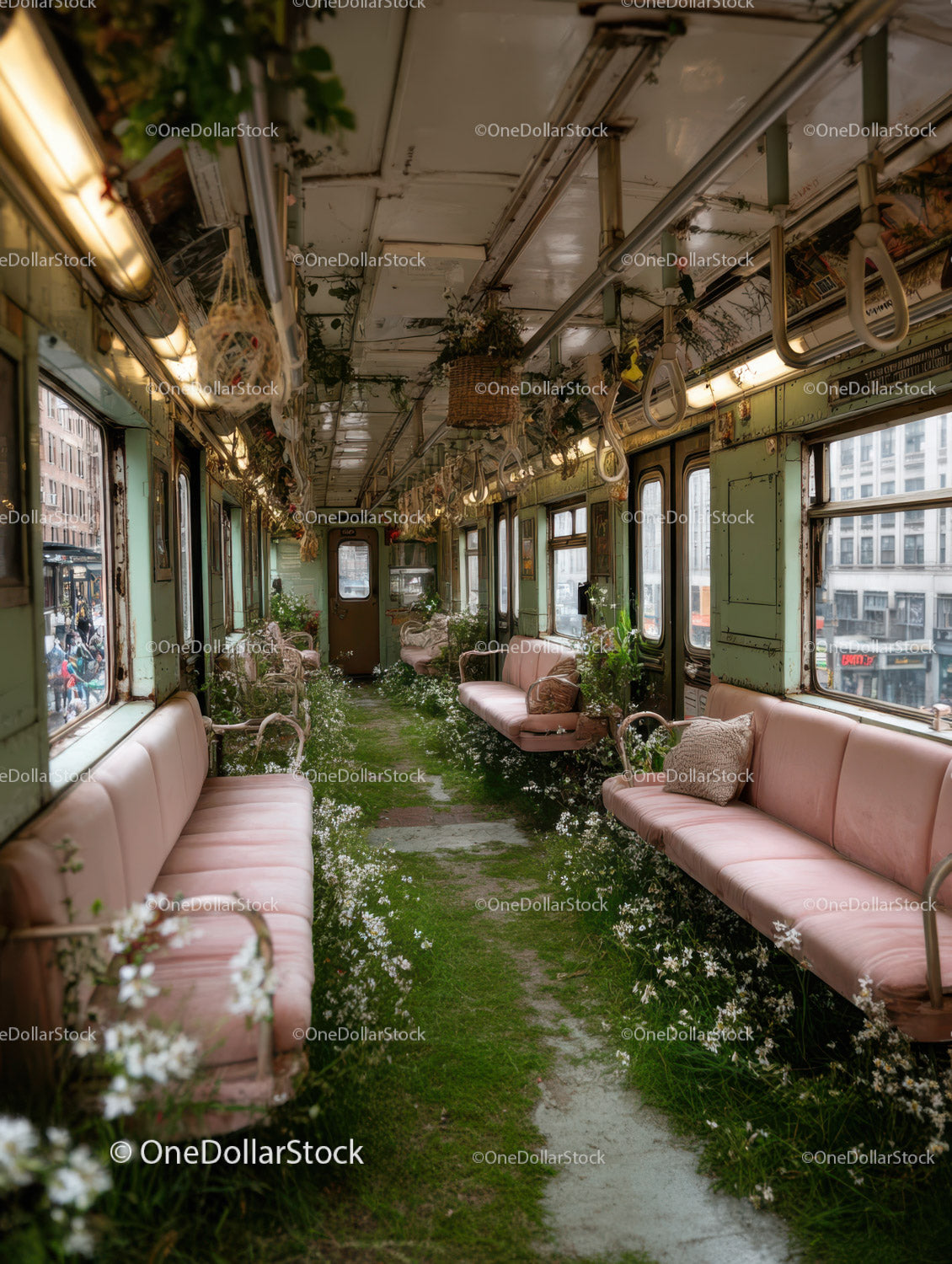 Overgrown Vintage Train with Floral Decor and Pink Benches