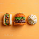 Gourmet Burger with Lettuce and Tomato Next to Grilled Steak and Dumpling