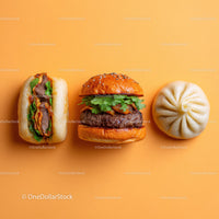 Gourmet Burger with Lettuce and Tomato Next to Grilled Steak and Dumpling
