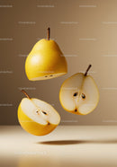 Floating yellow pears with halves on beige background