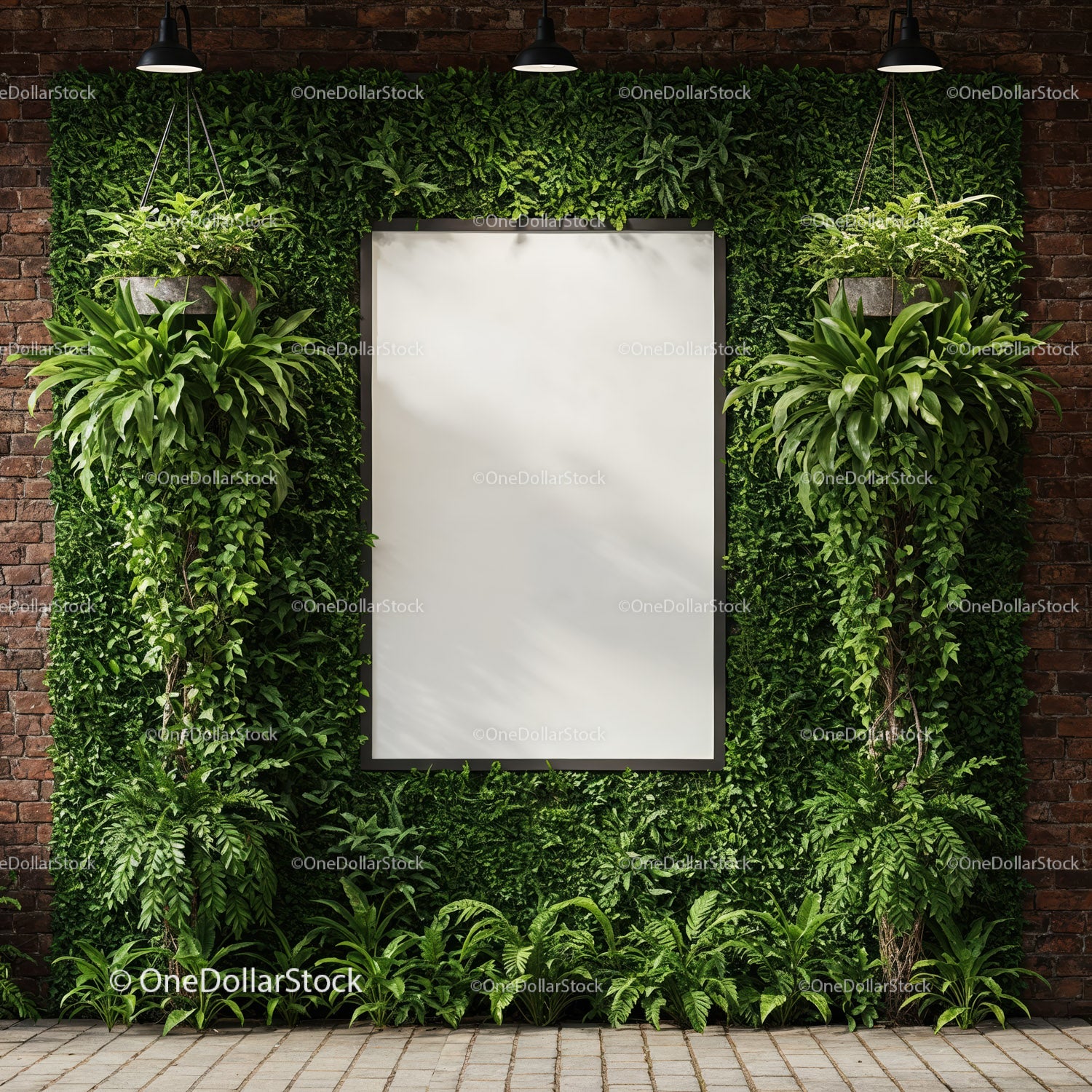 Blank Poster Surrounded by Lush Green Vertical Garden