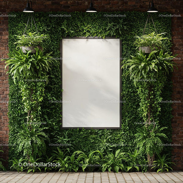Blank Poster Surrounded by Lush Green Vertical Garden JPG Mockup Image