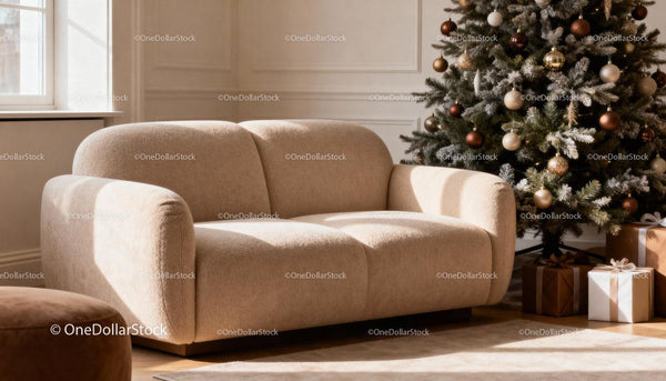 Przytulna beżowa sofa przy udekorowanej choince