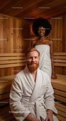 Relaxing Sauna Scene with Smiling People in Cozy Wooden Room