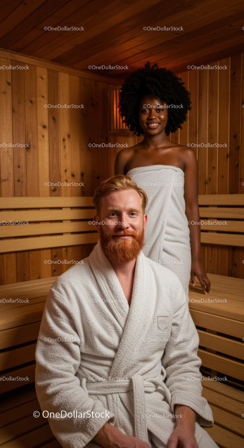 Relaxing Sauna Scene with Smiling People in Cozy Wooden Room