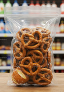 Salted Pretzels Packed in Clear Plastic Bag on Counter