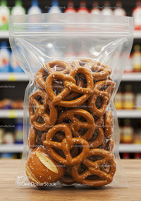 Salted Pretzels Packed in Clear Plastic Bag on Counter
