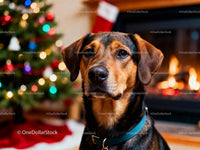 Calm dog by cozy fireplace with Christmas tree lights