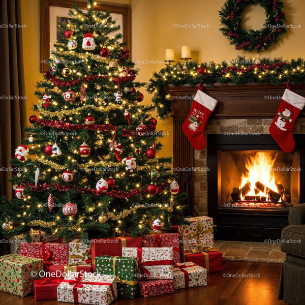 Cozy Living Room with Christmas Tree and Fireplace Glow