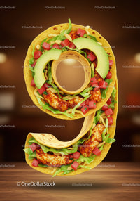 Number Nine Shaped Chicken Taco with Fresh Vegetables