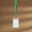 Blank ID badge with green lanyard on brown background