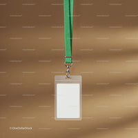 Blank ID badge with green lanyard on brown background