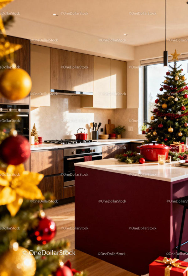 Festive modern kitchen with Christmas decorations and tree