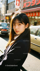Young Asian woman standing on sunny city street