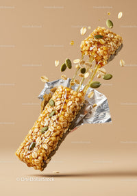 Crunchy granola bar with honey and seeds in motion
