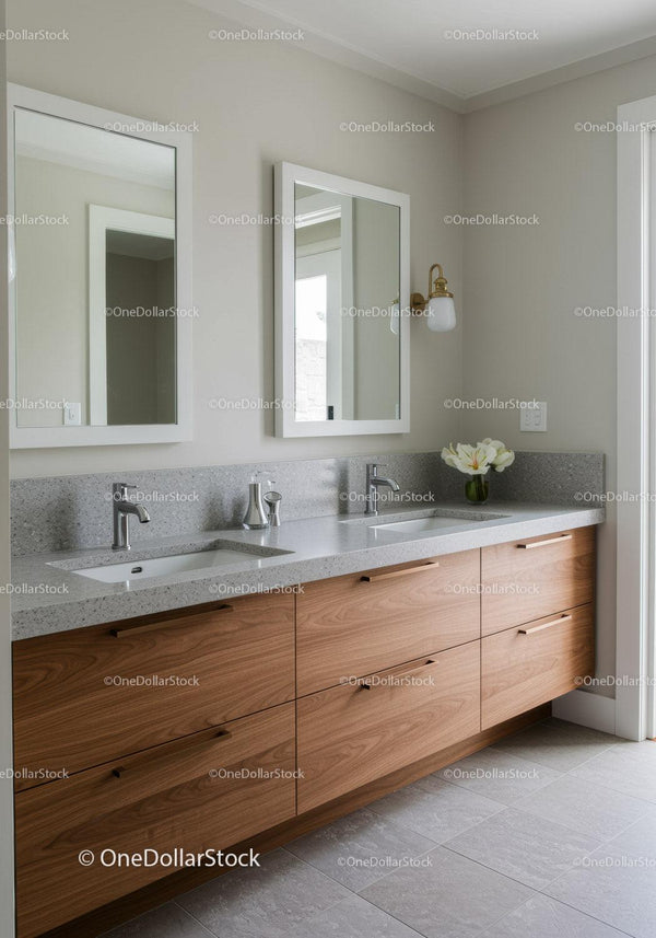 Modern Double Bathroom Vanity with Wooden Cabinet and Wall Mirrors