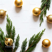 Elegant Gold Ornaments and Greenery on White Background