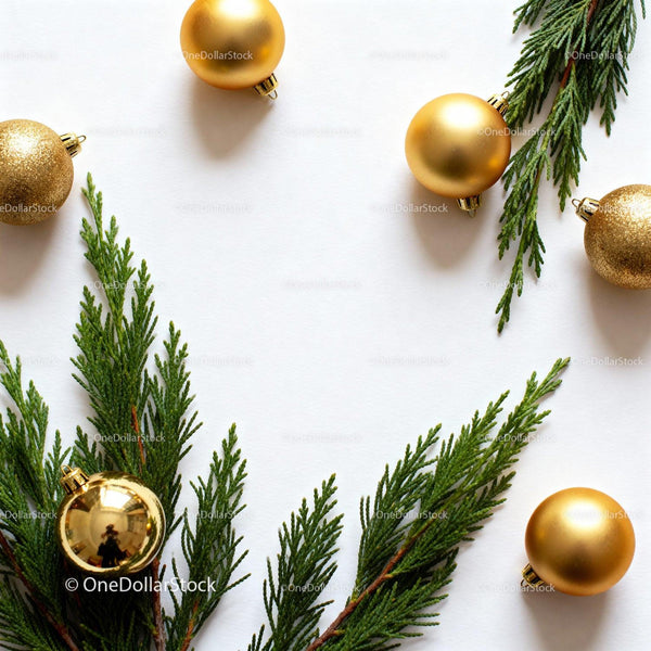 Elegant Gold Ornaments and Greenery on White Background
