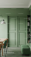 Elegant Green Interior Door with Bookshelf and Cozy Living Space